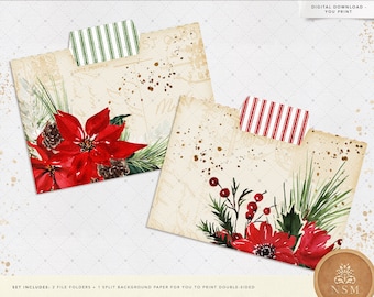 Christmas Poinsettia Mini File Folders, Antique, Ticking Stripe, Junk Journal Kit, Ephemera, Farmhouse, Printable, Vintage, Digital Download