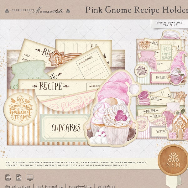 Pink Gnome Christmas Recipe Holders - Page Pockets, Layered, Junk Journal, Ephemera, Pink, Pastel, Printable, Vintage, Digital Download