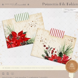 Christmas Poinsettia Mini File Folders, Antique, Ticking Stripe, Junk Journal Kit, Ephemera, Farmhouse, Printable, Vintage, Digital Download
