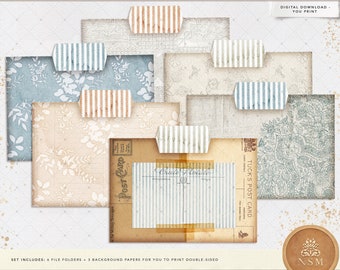 May include: Set of six farmhouse style file folders with striped and floral patterns. The folders are designed to be printed double-sided. The set also includes three background papers.  Digital download - you print.