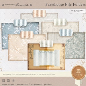 Farmhouse Mini File Folders, Antique, Ticking Stripes, Junk Journal Kit, Ephemera, Printable, Cards, Vintage, Insert, Digital Download