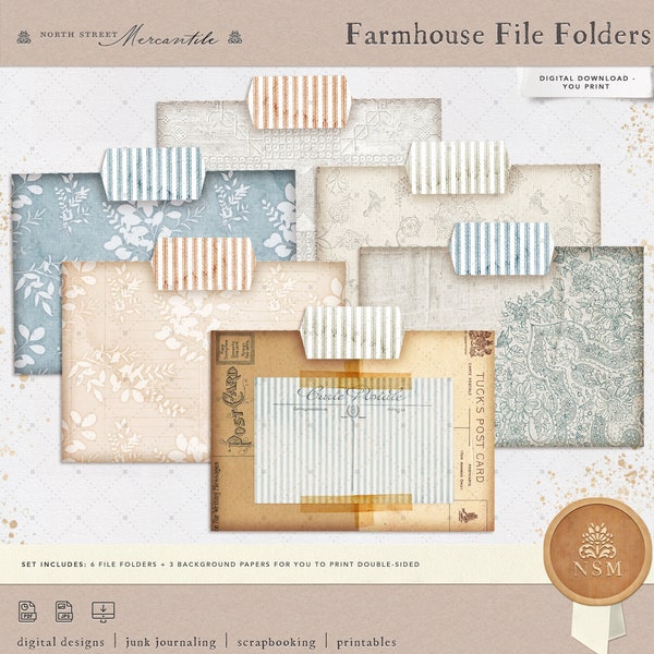 Farmhouse Mini File Folders, Antique, Ticking Stripes, Junk Journal Kit, Ephemera, Printable, Cards, Vintage, Insert, Digital Download