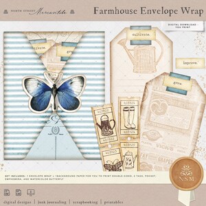 Pode incluir: Um envoltório de envelope de fazenda imprimível com uma borboleta azul aquarela, um fundo listrado e texto que diz "cultivar", "crescer" e "melhorar".