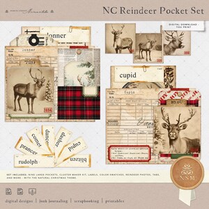 May include: A digital printable set of nine large pockets, a cluster maker kit, labels, color swatches, reindeer photos, tabs, and more. The set features a natural Christmas theme with a red and black plaid pattern, a vintage style, and the text "NC Reindeer Pocket Set".