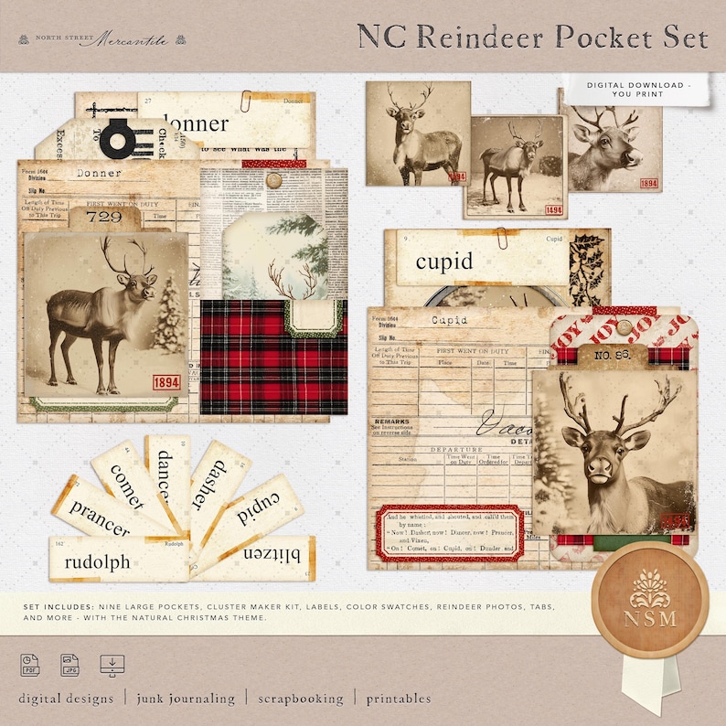May include: A digital printable set of nine large pockets, a cluster maker kit, labels, color swatches, reindeer photos, tabs, and more. The set features a natural Christmas theme with a red and black plaid pattern, a vintage style, and the text "NC Reindeer Pocket Set".
