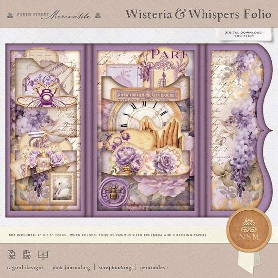 Wisteria & Whispers Folio Set, Regency Era Lavender, Junk Journal Kit, Printable Ephemera, Papers, Edwardian, Scrapbooking, Digital Papers