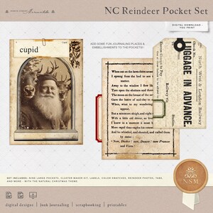 May include: A digital download printable set of nine large pockets, a cluster maker kit, labels, color swatches, reindeer photos, tabs, and more. The set features a vintage Christmas theme with a red and green color scheme. The text "NC Reindeer Pocket Set" is at the top of the image. The text "Digital Download - You Print" is below the title. The text "Set Includes: Nine Large Pockets, Cluster Maker Kit, Labels, Color Swatches, Reindeer Photos, Tabs, and More - With the Natural Christmas Theme" is at the bottom of the image.