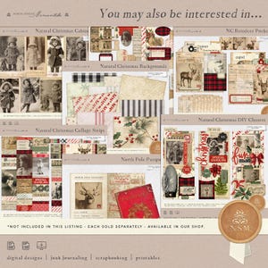 May include: A collage of digital printable papers featuring a Christmas theme. The papers include images of reindeer, cabins, and Christmas trees. The papers are designed for scrapbooking, junk journaling, and other paper crafts.