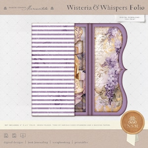 May include: A digital download for a printable 4 x 6.5 inch folio with a purple and white striped pattern and a floral design with the text "Wisteria & Whispers Folio".