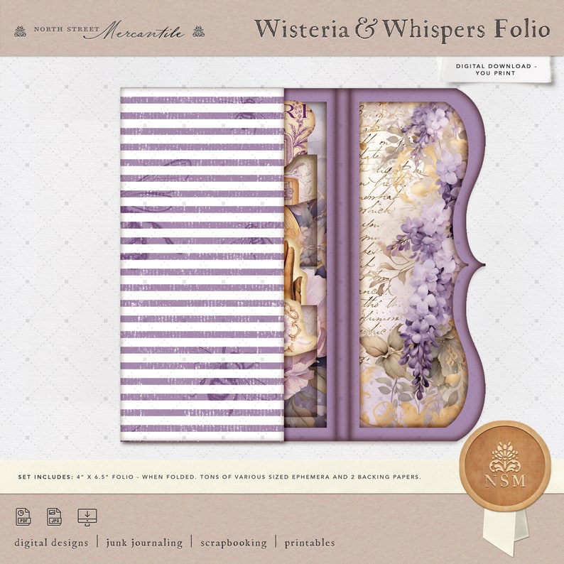 May include: A digital download for a printable 4 x 6.5 inch folio with a purple and white striped pattern and a floral design with the text "Wisteria & Whispers Folio".