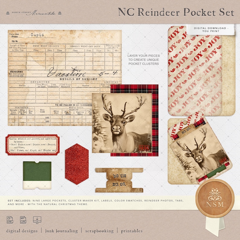 May include: A digital printable set of nine large pockets, a cluster maker kit, labels, color swatches, reindeer photos, tabs, and more. The set features a vintage, rustic, and natural Christmas theme. The text "NC Reindeer Pocket Set" is at the top of the image. The text "Digital Download - You Print" is at the top right of the image. The text "Layer your pieces to create unique pocket clusters" is in the center of the image. The text "98 ON NO. 66" is at the bottom of the image. The text "Set includes: Nine large pockets, cluster maker kit, labels, color swatches, reindeer photos, tabs, and more - with the natural Christmas theme." is at the bottom of the image. The text "digital designs | junk journaling | scrapbooking | printables" is at the bottom of the image.