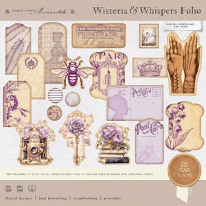 May include: A digital download printable folio with a vintage aesthetic. The folio includes ephemera with a purple and white color scheme, featuring images of a bee, a key, a camera, flowers, a swan, a crown, and a silhouette of a woman. The text "Wisteria & Whispers Folio" is at the top of the image.