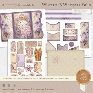 May include: A digital download of a printable scrapbook folio with a vintage aesthetic. The folio features a floral design with wisteria, a clock, and a bee. The text "Wisteria & Whispers Folio" is at the top of the image. The text "SET INCLUDES: 4" x 6.5" FOLIO - WHEN FOLDED. TONS OF VARIOUS SIZED EPHEMERA AND 2 BACKING PAPERS." is at the bottom of the image.