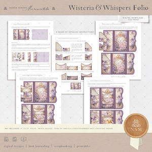 May include: A digital download printable folio with a floral design featuring a clock and the text "Wisteria & Whispers Folio". The folio is 4 x 6.5 inches when folded and includes tons of various sized ephemera and 2 backing papers.