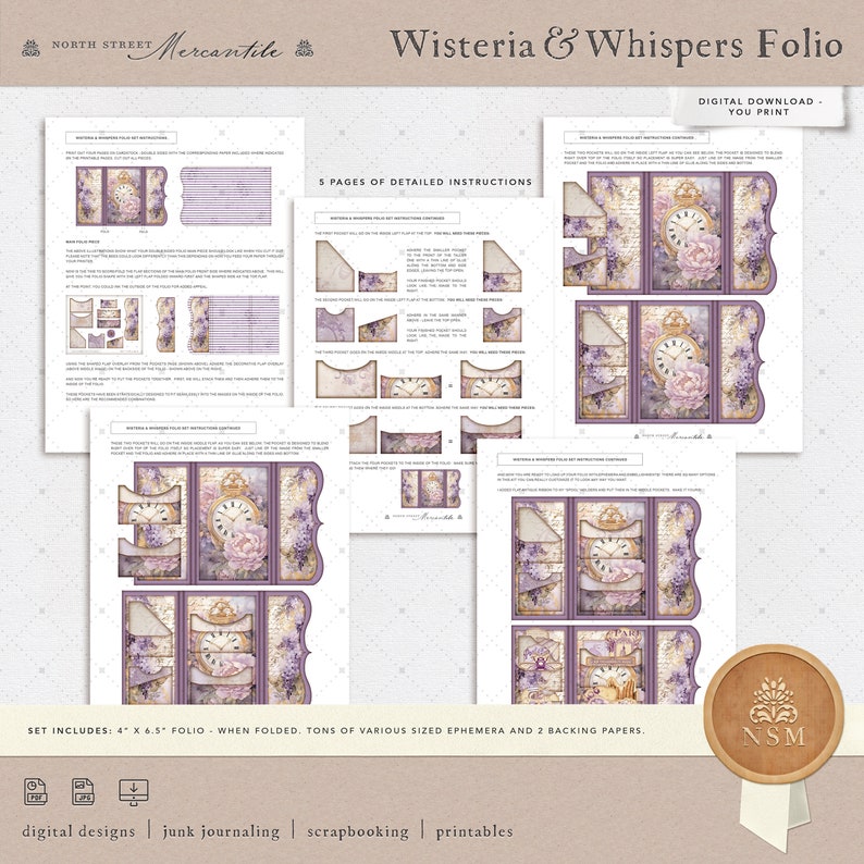 May include: A digital download printable folio with a floral design featuring a clock and the text "Wisteria & Whispers Folio". The folio is 4 x 6.5 inches when folded and includes tons of various sized ephemera and 2 backing papers.