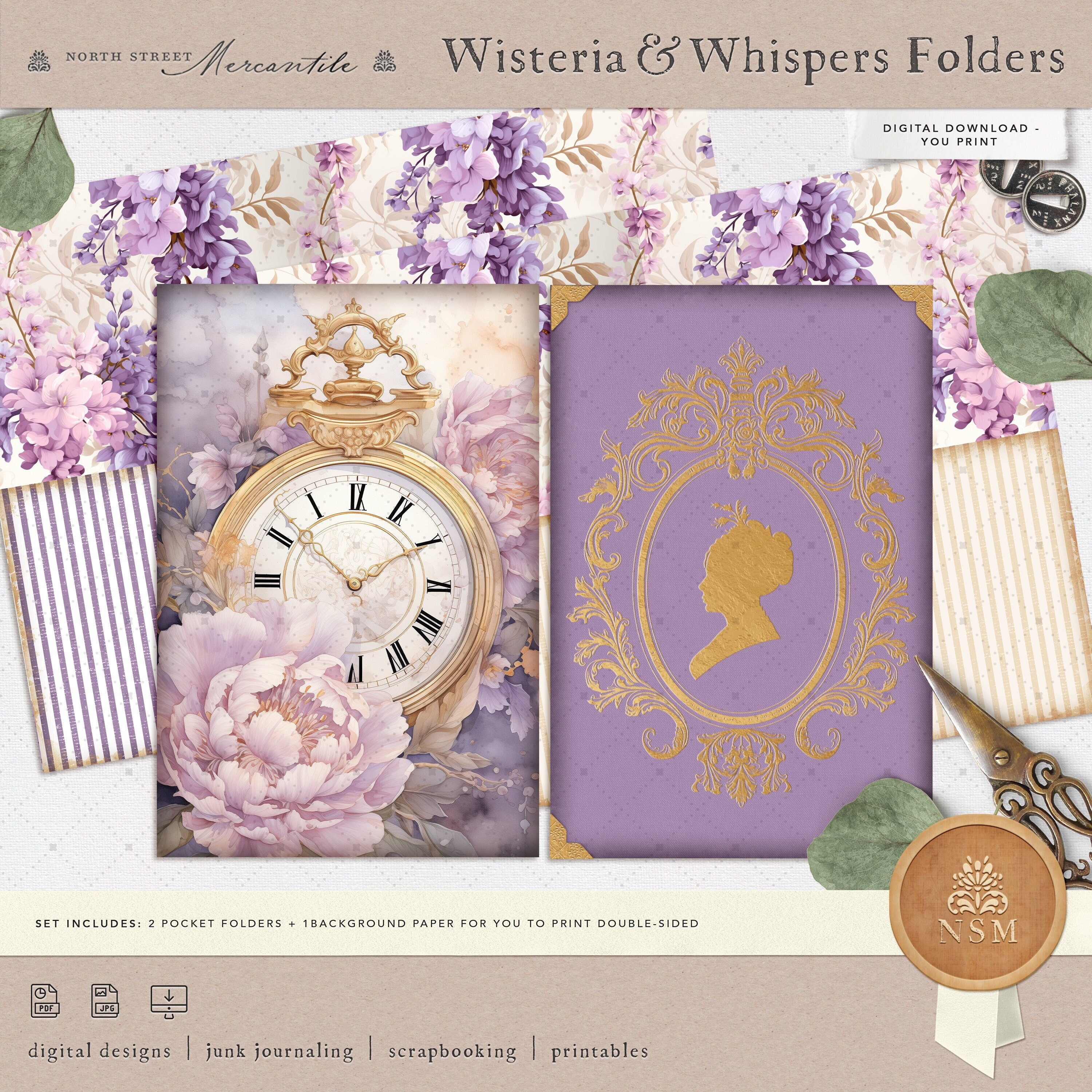 Wisteria & Whispers Folder Set, Regency Era Lavender, Junk Journal Kit