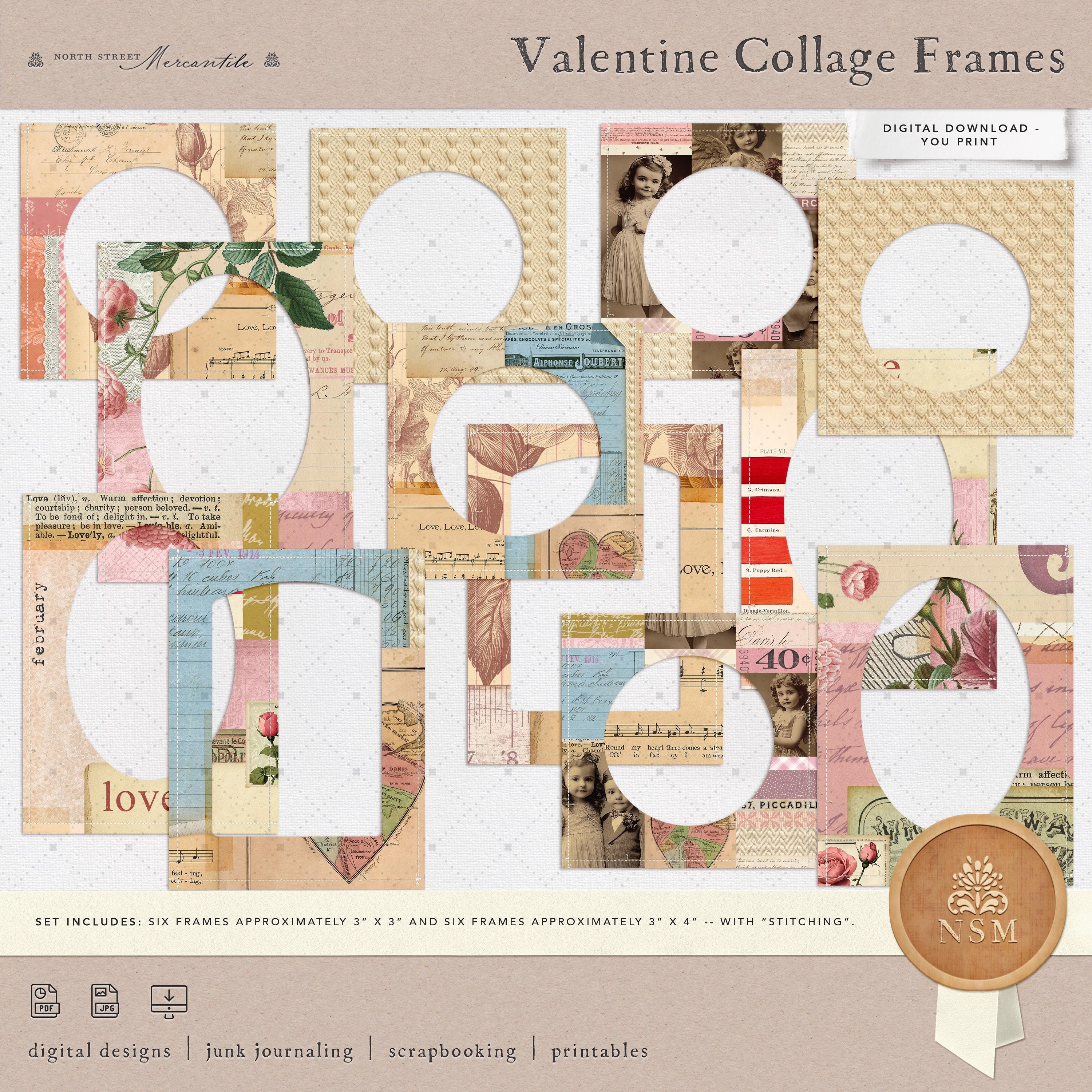 Valentine's Day Junk Journal Collage Frames, Vintage Valentine Extra Pk, Digital, Printable Ephemera, Paper Craft, Collage Sheet 8.5x11