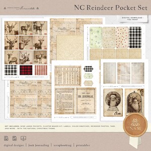 May include: Digital printable set of Christmas pocket cards featuring reindeer, Santa Claus, and vintage-style patterns. The set includes nine large pockets, a cluster maker kit, labels, color swatches, reindeer photos, tabs, and more. The set is designed with a natural Christmas theme.