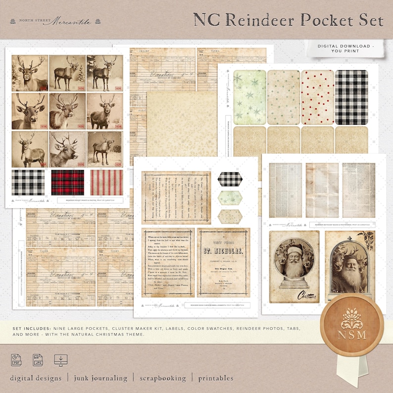 May include: Digital printable set of Christmas pocket cards featuring reindeer, Santa Claus, and vintage-style patterns. The set includes nine large pockets, a cluster maker kit, labels, color swatches, reindeer photos, tabs, and more. The set is designed with a natural Christmas theme.
