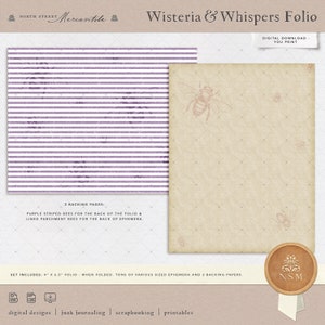 May include: Digital download printable folio with a purple striped bee pattern and a beige background with bees. The folio is 4 x 6.5 inches when folded. The text "Wisteria & Whispers Folio" is at the top of the image. The text "Digital Download - You Print" is in the top right corner. The text "2 Backing Pages: Purple Striped Bees for the back of the folio & Lined Parchment Bees for the back of ephemera" is in the bottom left corner. The text "Set includes: 4 x 6.5" folio - when folded. Tons of various sized ephemera and 2 backing papers." is in the bottom left corner. The text "digital designs | junk journaling | scrapbooking | printables" is at the bottom of the image.