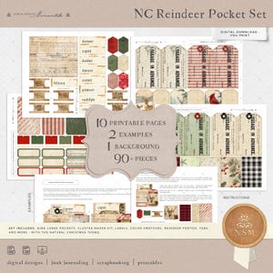 May include: Printable digital paper pack with a Christmas theme. The pack includes 10 pages with 90+ pieces, including nine large pockets, a cluster maker kit, labels, color swatches, reindeer photos, tabs, and more. The paper pack is designed for junk journaling, scrapbooking, and other paper crafts.