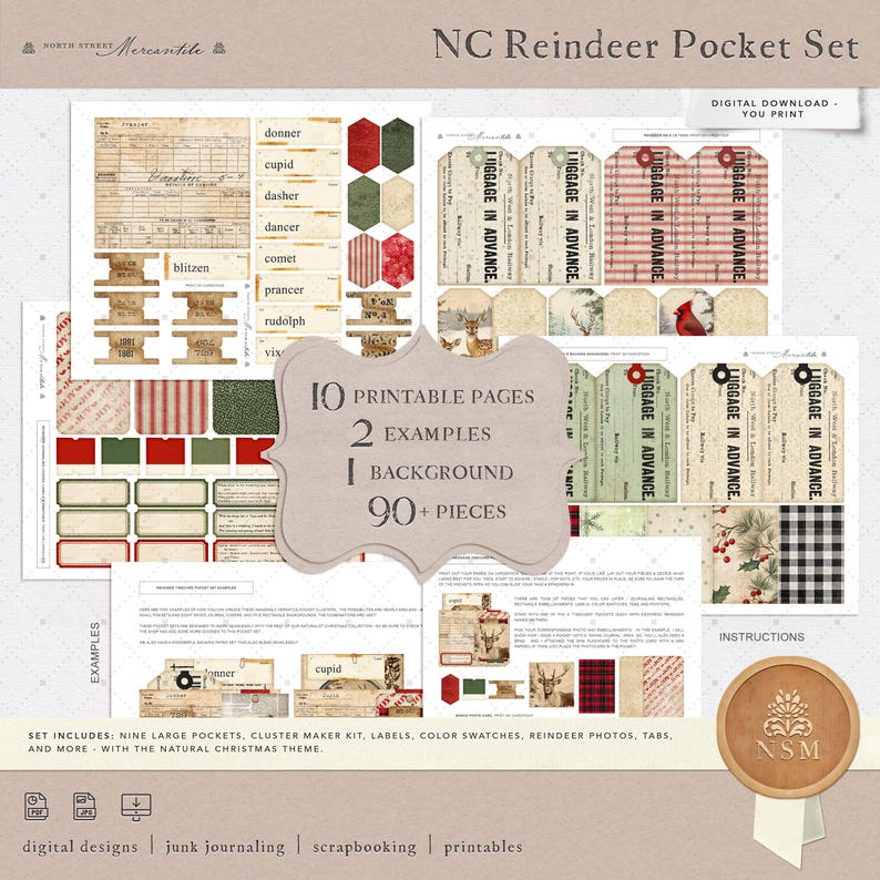 May include: Printable digital paper pack with a Christmas theme. The pack includes 10 pages with 90+ pieces, including nine large pockets, a cluster maker kit, labels, color swatches, reindeer photos, tabs, and more. The paper pack is designed for junk journaling, scrapbooking, and other paper crafts.