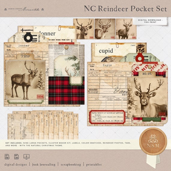 Naturalist Christmas Pocket Clusters, Vintage Christmas Extra Pk, Digital, Printable Tags & Ephemera, Paper Craft, Collage Sheet 8.5x11