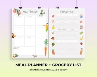 Meal Planner and Grocery List Digital Printable PDF Bundle - Digital Download, Grocery Planner, Food Shopping List, Minimal | Downloadable