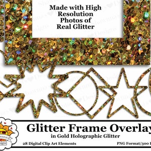 Gold Holographic Glitter Frame Overlays - 28 Digital Clip Art Elements
