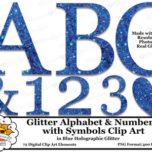 Blue Holographic Glitter Alphabet, Numbers & Symbols Clipart