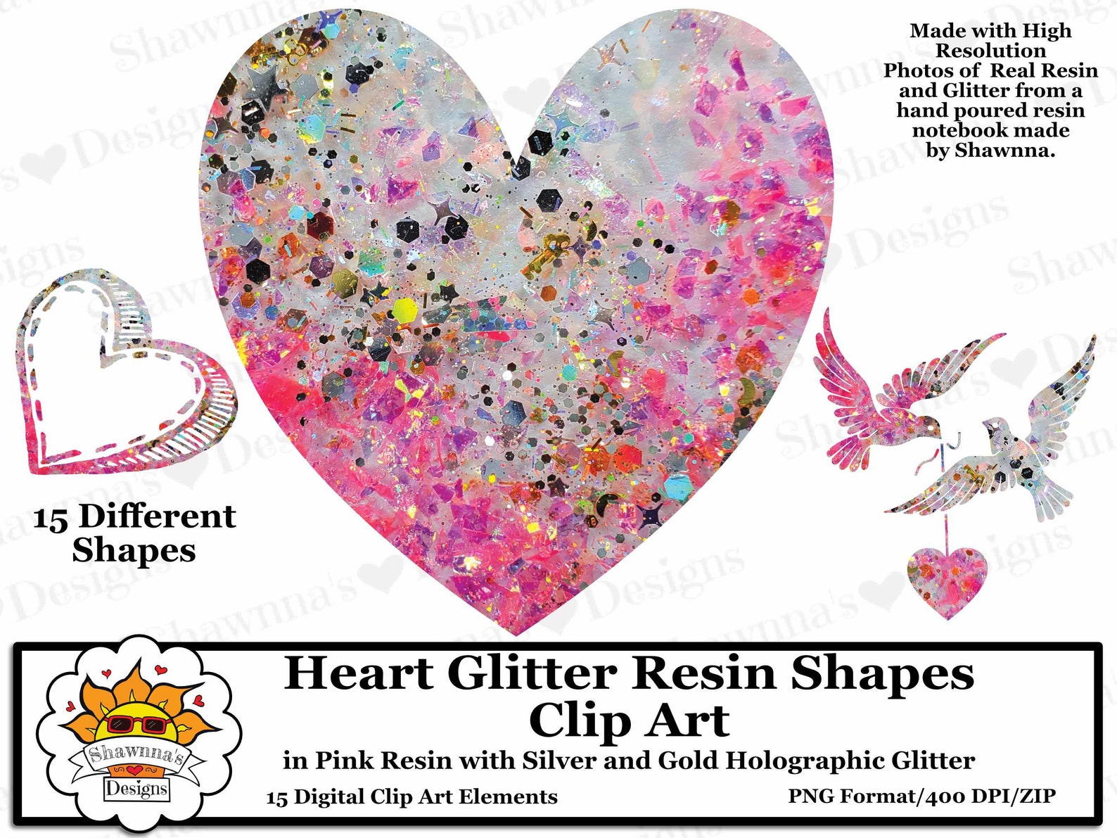 Pink and Gold Glitter Resin Heart Shapes Clipart Overlays Design ...