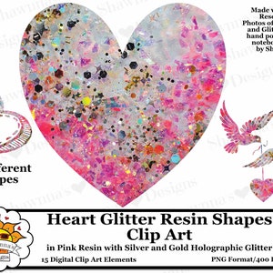 Pink and Gold Glitter Resin Heart Shapes Clipart Overlays Design Elements Set