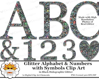 Black Holographic Glitter Alphabet, Numbers & Symbols Clipart