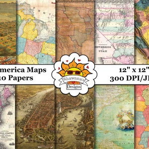 Old America Maps - 10 Digital Papers Pack Set
