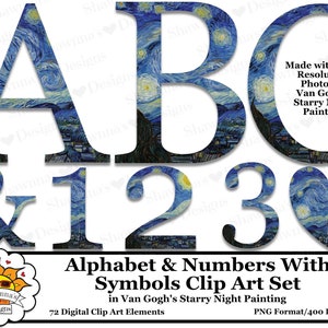 Van Gogh Starry Night Alphabet, Numbers & Symbols Clipart Overlays Design Elements Set