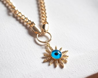 Christmas Gift, Gold Plated Evil Eye Chain Necklace, Evil Eye Charm Necklace, Jewelry Gift for Her, Protection Necklace