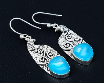 ブルーボツワナアゲート 925スターリングシルバー 宝石フックイヤリング