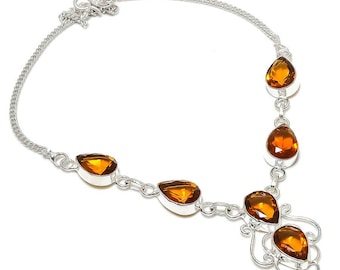 Sterling Silver Citrine Gemstone Necklace, Handmade Jewelry