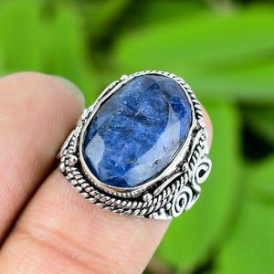 May include: A silver ring featuring a large, oval-cut, deep blue gemstone. The gemstone is set in a detailed silver band with intricate scrollwork and a twisted rope design around the stone's edge. The ring is displayed against a blurred green background.
