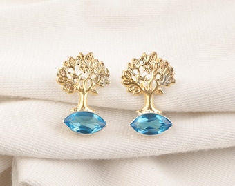 Handmade Swiss Blue Topaz Earrings: Vintage Sterling Silver Tree of Life