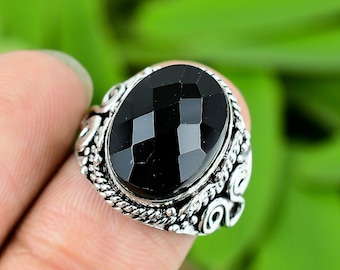 Black Spinel Ring: Handmade 925 Sterling Silver, Size 9