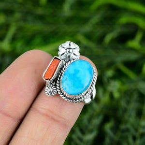 Red Coral & Turquoise Ring, Multi Gemstone Ring, Handmade Jewelry, Natural Turquoise Ring, Double Stone Boho Ring For Gift, Silver Ring