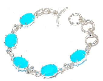 Pulsera de calcedonia azul y plata de ley, joyería bohemia de cristal, piedra preciosa creada en laboratorio.