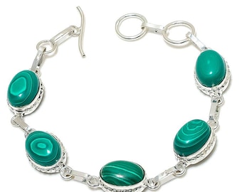 925 Sterling Silver Malachite Bracelet: Handmade Gemstone Jewelry