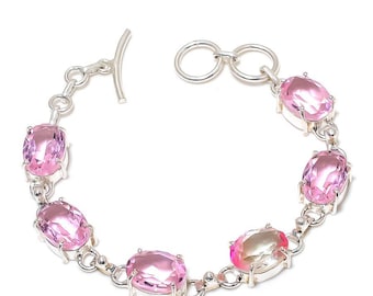 Pulseira de pedra preciosa kunzita rosa feita à mão em prata esterlina 925