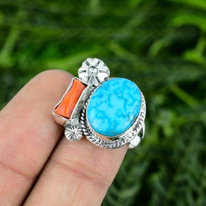 Red Coral Ring, Turquoise with Coral Gemstone Ring, 925 Sterling Silver Ring, Vintage South Western Ring, Dainty Boho Ring, Gifts For Her