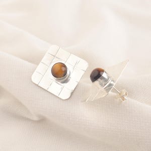 Tiger&#39;s Eye Gemstone 925 Sterling Silver Earring, Handmade Earring, Genuine Tiger&#39;s Eye Stud Earrings, Boho Earring, Dainty Silver Earring