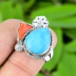 Red Coral Turquoise, Tibetan Turquoise Gemstone Ring, Handmade Jewelry Ring, Sterling Silver Ring, Gift For Her, Statement Ring
