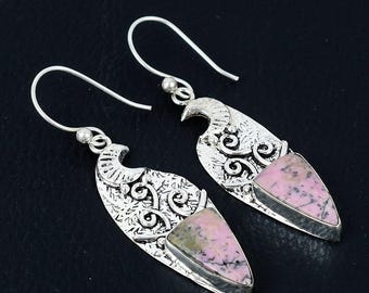 Rhodonite Earrings: Rhodonite Gemstone, 925 Sterling Silver Earring