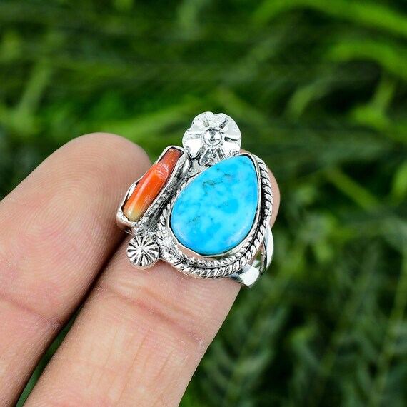 Coral Turquoise Flower Ring: Sterling Silver, Size